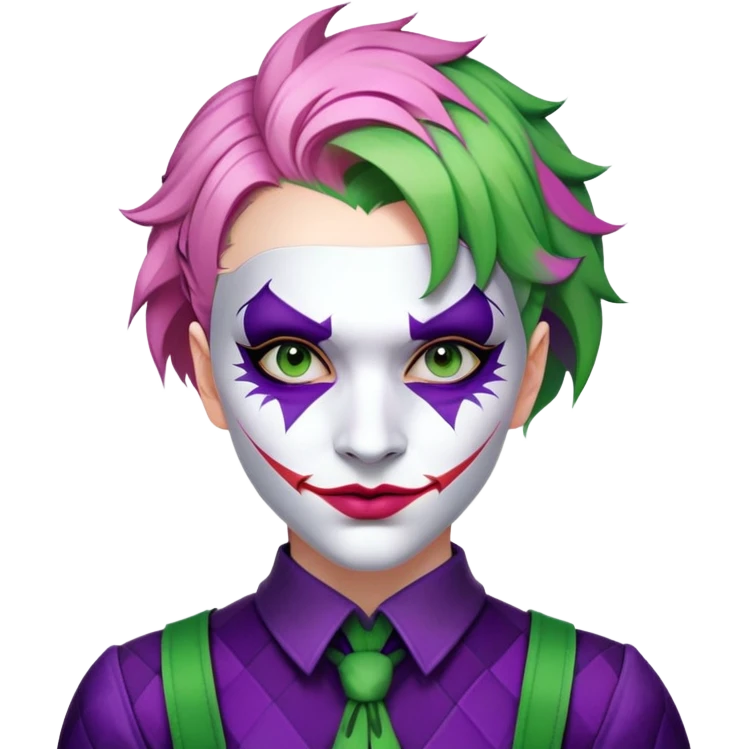 a young woman with pale skin, short multicolored hair (pink, purple, and green), and wearing the Joker’s face as a mask. She wears a mismatched, patchwork costume with purple, green, and black accents  emoji