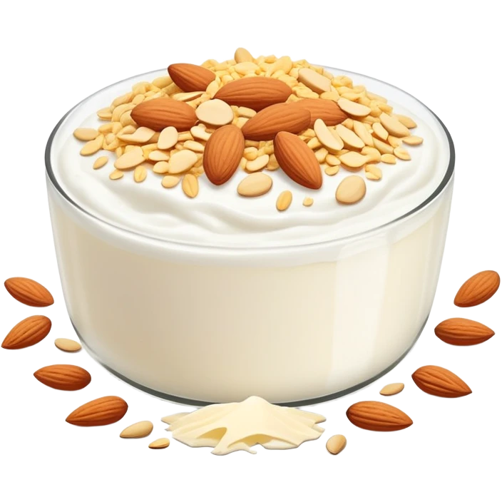 A glowing white bone surrounded by calcium-rich foods: shredded cheese, natural yogurt, sesame seeds and almonds emoji