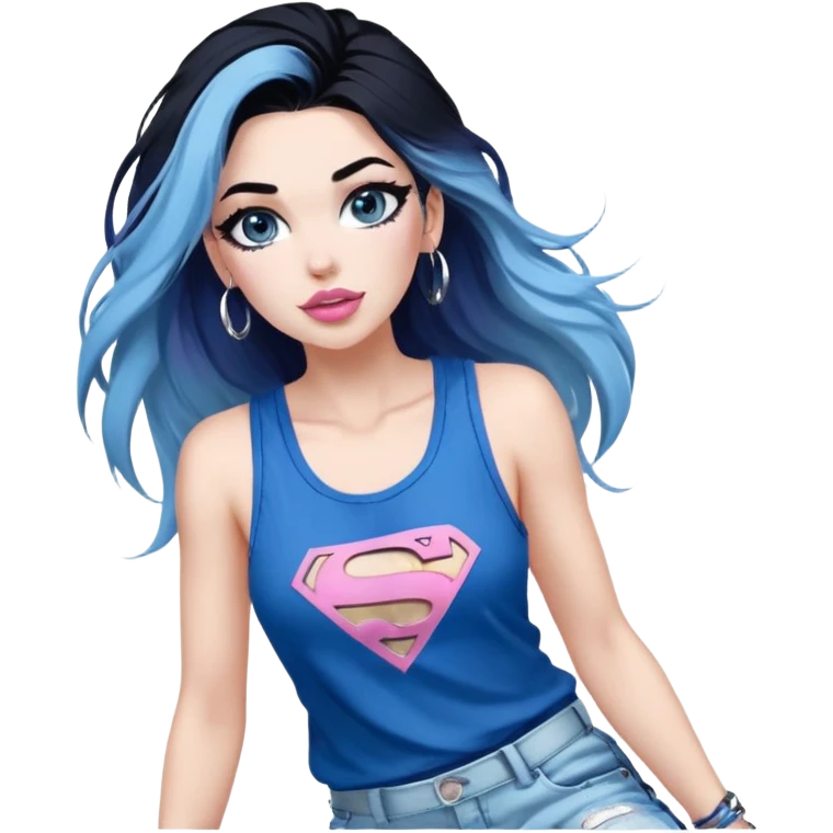 Tall-full body-long legs-huge female chest-very excited-very-beautiful-face-white torn cargo pants-light-pink-lips-very long-very-straight-dark-blue-ombre-hair-and-blue-eyes-thick-black-eyeliner-thick-long-eyelashes-sky-blue-superman-tank-top-with-glitter-and-silver-hoop-earrings emoji