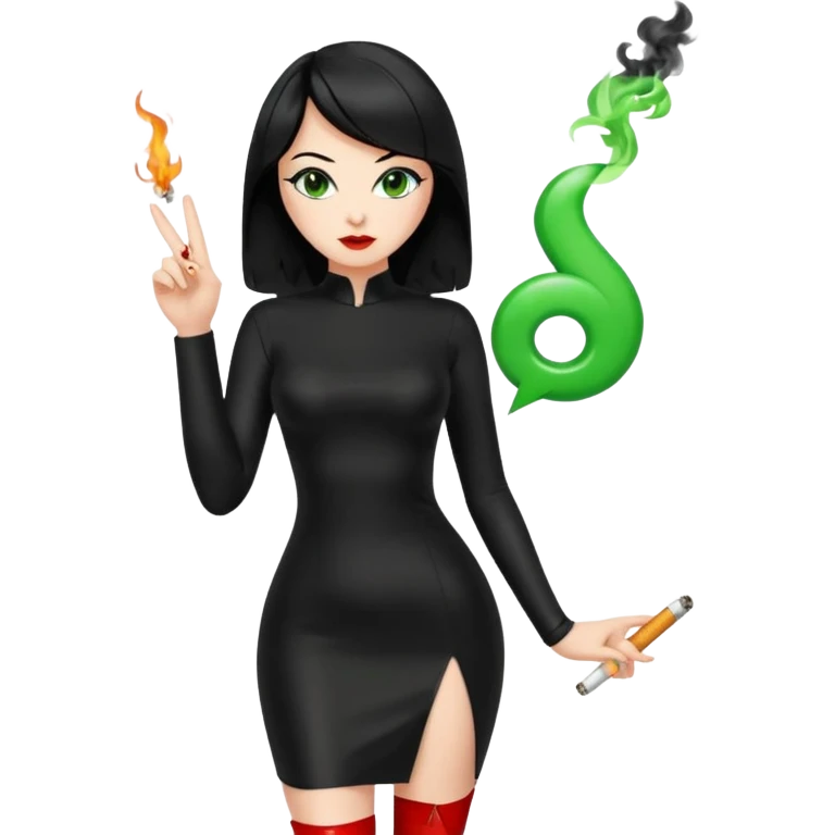 🕵🏻‍♀️💦🧥 black hair , green eyes , full body , red high heels , black latex dress , 🖕🏻🚬 emoji