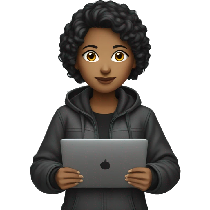 A brown-skinned female programmer with short black curly hair wearing a hooded jacket programming on a laptop emoji