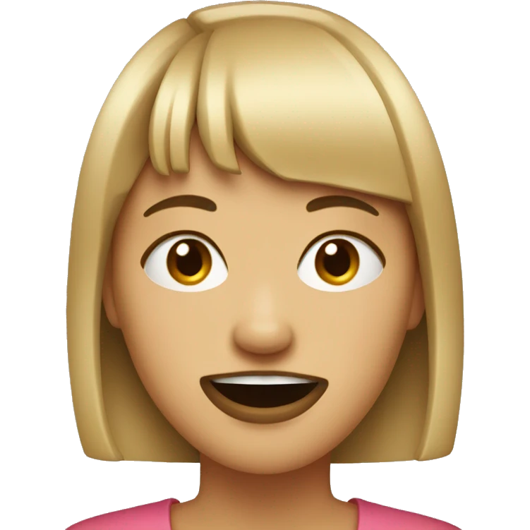 Woman with bangs who’s lips got stuck on her teeth emoji
