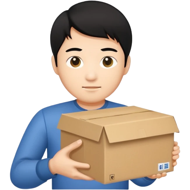 black haired asian man holding cardboard box emoji