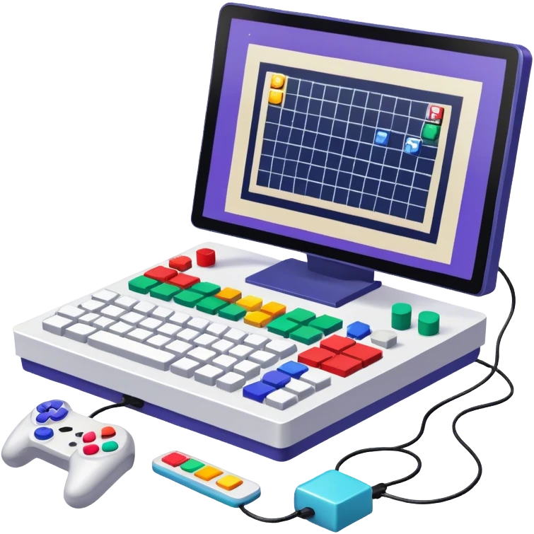 Icon for Game Design Development: a computer screen displaying a game interface, pixel art, 3D models, a game controller, and tools like a grid, stylus, and wireframe. Сonvey the process of game development, with elements representing design, coding, and interaction. Transparent background. emoji
