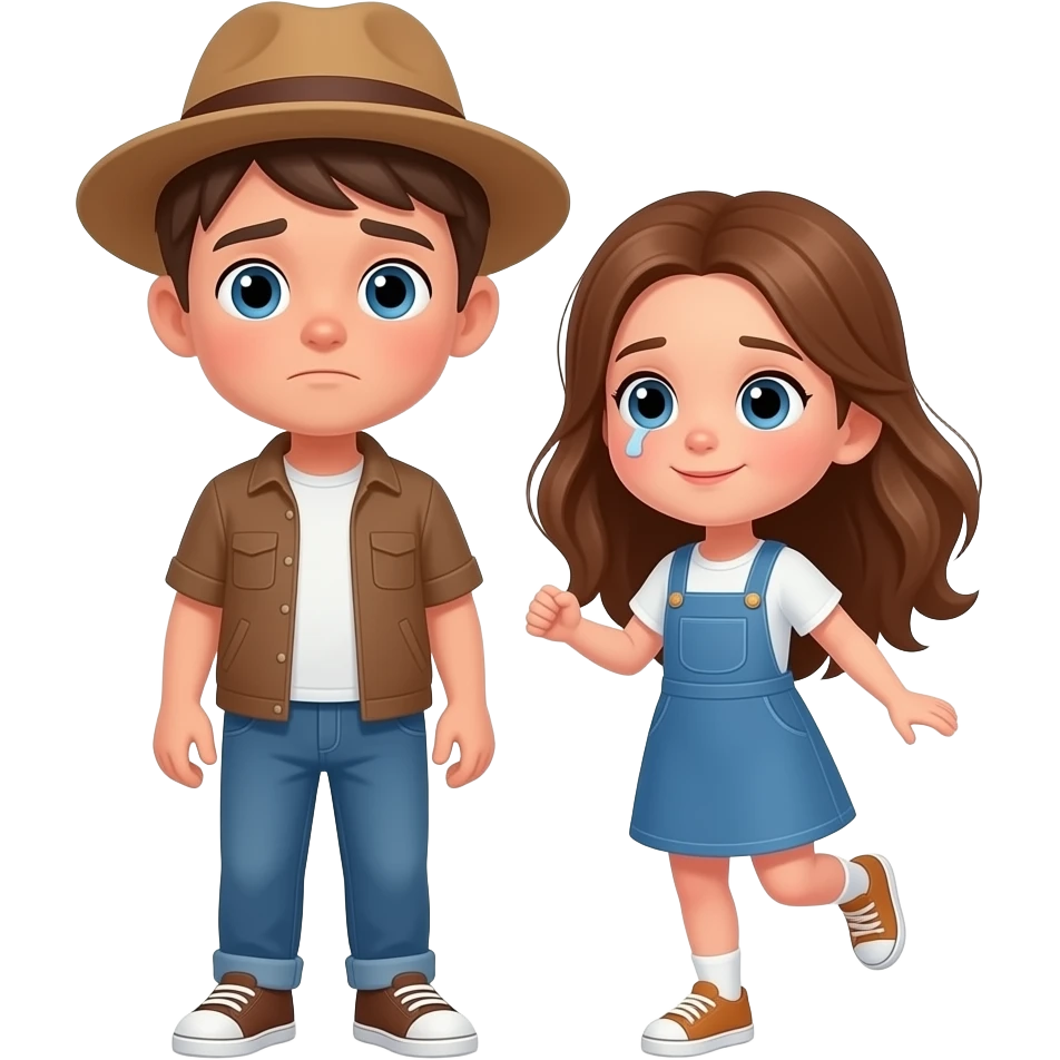 chico y chica son hermanos,estan muy cansados, la chica esta corriendo el chico castanyo i con pelo corto y la chica pelo suelto y color avellana y los dos tienen ojos azules son hermanos estan depie se les ve los pies emoji