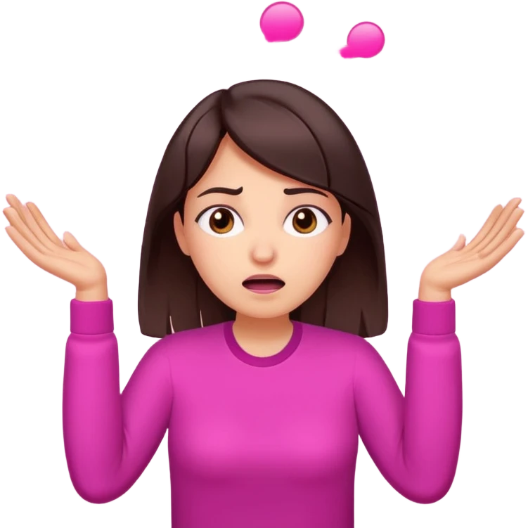 Social media manager. She has dark brown hair, brown eyes,stressed expression, exhaling deeply, hands slightly raised showing frustration. Use vibrant colors with a focus on pink and fuchsia tone emoji