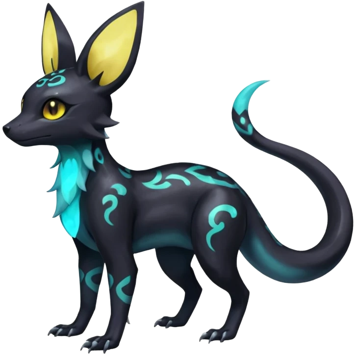 Rare epic aesthetic iridescent spooky gloomy colorful Salandit-Umbreon-Eevee-Genet-species-Fakemon-hybrid-creature, with markings, full body emoji