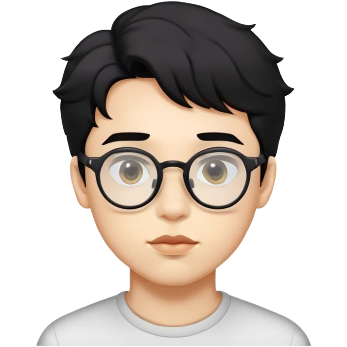 A boy with slightly curly black hair, transparent glasses, a pentagon-shaped face, and slightly thick lips. emoji