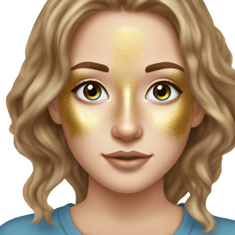 White girl with freackles and Brown hair, and blue eyes using Gold gel mask under her eyes emoji