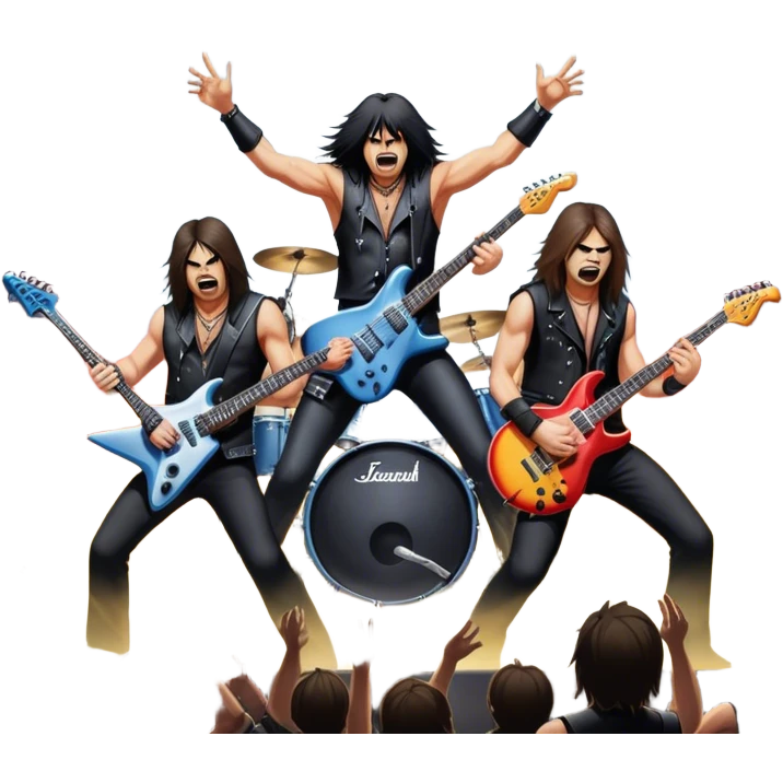 Icon for Heavy Metal Music: 4 men band on stage with electric guitars, drums and intense lighting. 4 Musicians headbanging, surrounded by energy and stage effects, capturing the power and intensity of a metal concert. Transparent background. emoji