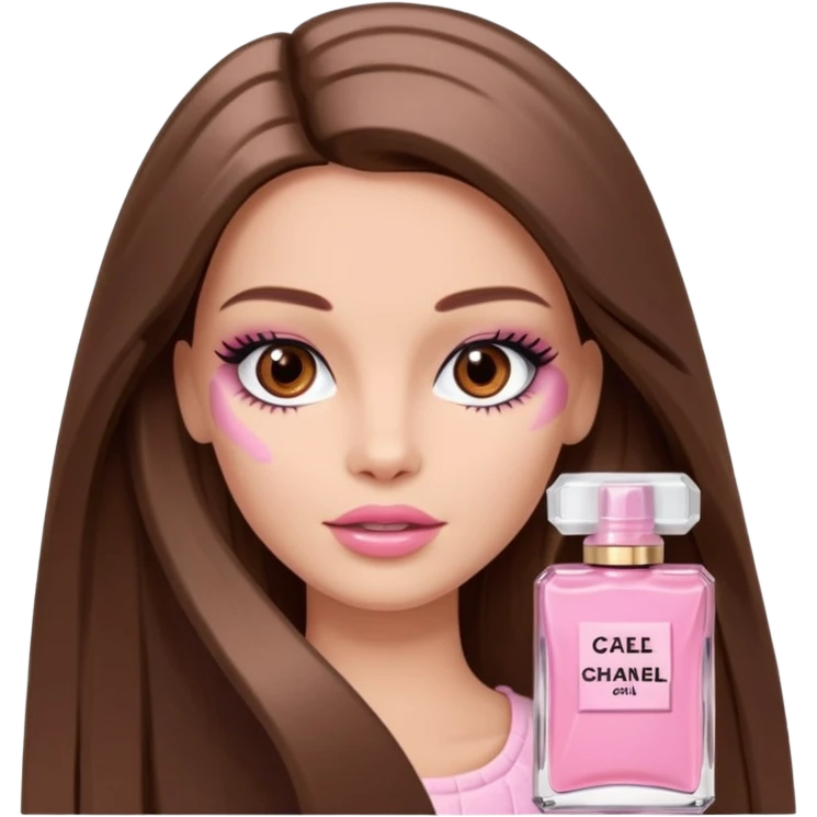 Barbie girl a brown long Straight hair and brown eyes is In pale pink smears by hand cosmetic cream Chanel on her face emoji