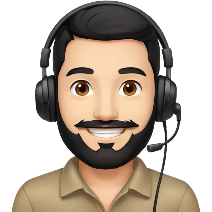 Happy smiling man with black hair, brown eyes, black beard wearing a gaming headset emoji