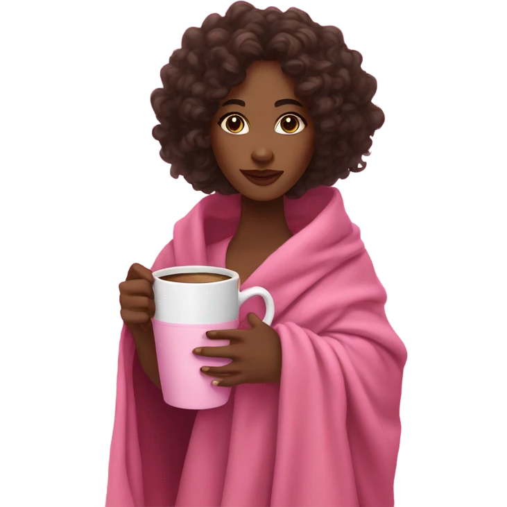 A black woman with dark brown eye and long curly hair  with a pink blanket wrapped over her shoulders, holding a pink mug of coffee emoji
