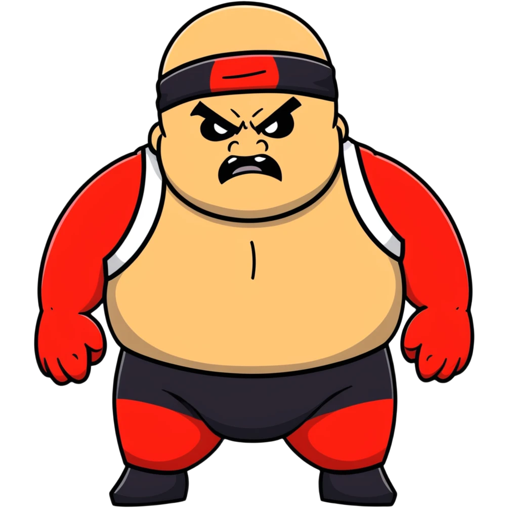 Close-up of white skin fat guy no muscle with prominent black durag, completely shaved face, no beard or mustache, black eyes in a red and black wrestling singlet with angry face emoji