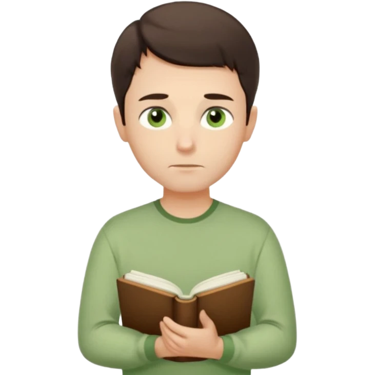 Thoughtful gentle man, fair skin, short dark brown hair, calm green eyes, simple light green shirt, waist-up front-facing, holding a closed book, serene expression, minimal background, soft lighting. emoji