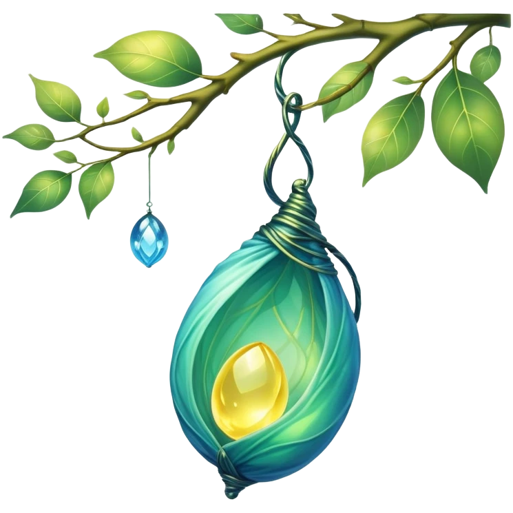 magical organic cocoon suspended from a branch, green-blue cocoon lit up, swirling yellow magic, ethereal and mystical, symbol shape, gentle green-blue hues emoji