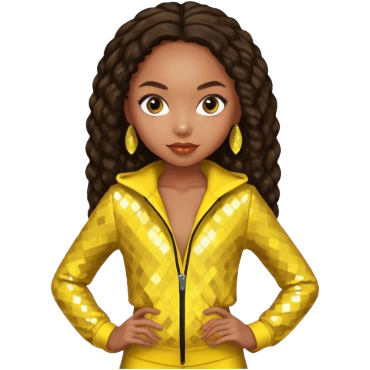 Logan Browning with long dark brown hair, yellow sequin outfit emoji