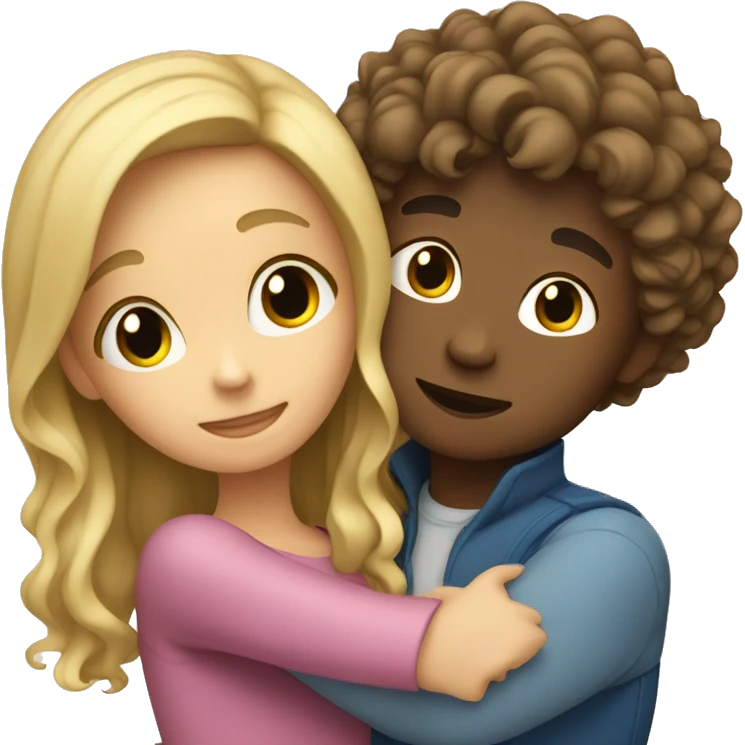 blonde girl hugging boy with curly brown hair emoji