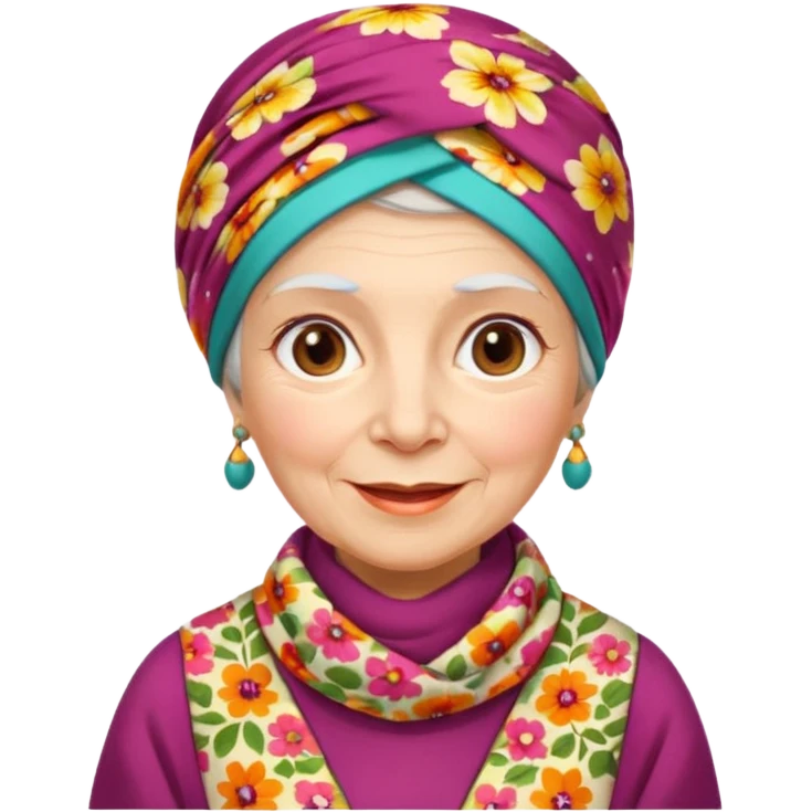 A kind old Russian village grandmother emoji — elderly woman wearing a bright floral headscarf tied under her chin, colorful patterned dress, warm smile, simple rural look. Flat minimal emoji style, clean Apple-like design. emoji