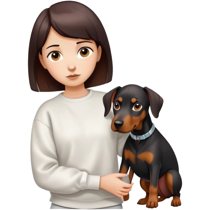 A short-haired girl in a white sweatshirt is holding a big Doberman dog emoji