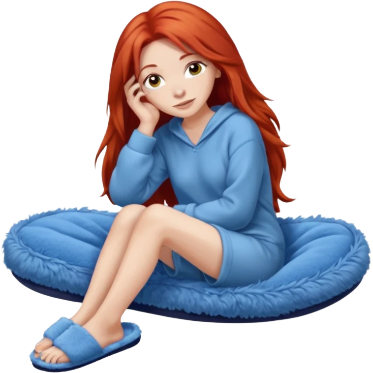 young woman with long red hear wearing comfy lounging outfit, wearing blue fuzzy slippers emoji