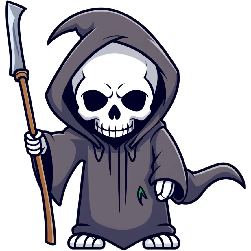 cute but spooky AI robot as the Grim Reaper holding a scythe emoji