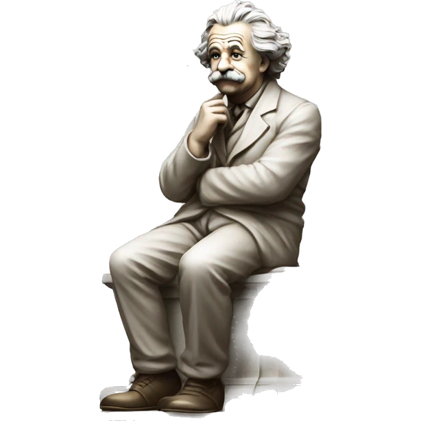 sitting philosopher-statue as albert einstein lean on hist fist emoji