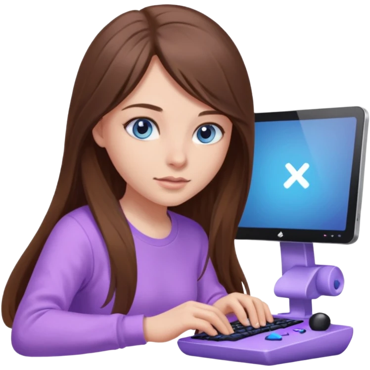 beautiful girl with long brown hair, blue eyes and wearing light purple clothes playing pc games emoji