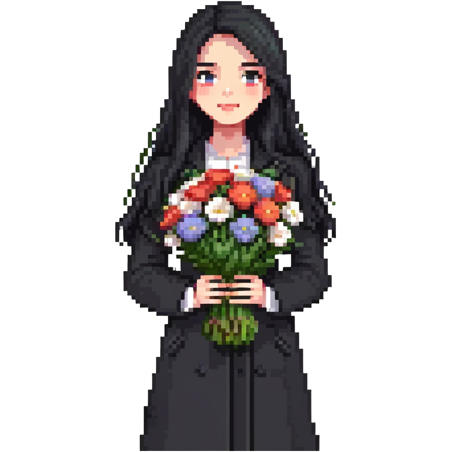 beautiful girl with long black hair wearing a black coat holding a bouquet of flowers emoji