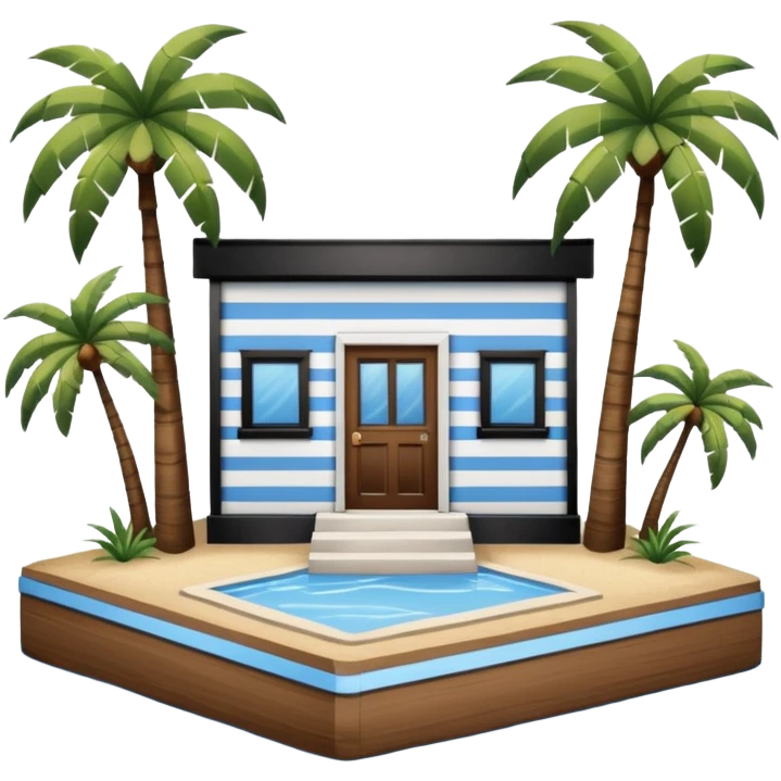 A full square 1 by 1   white and blue stripe building  horizontally with brown wooden door on a island with palm trees  emoji