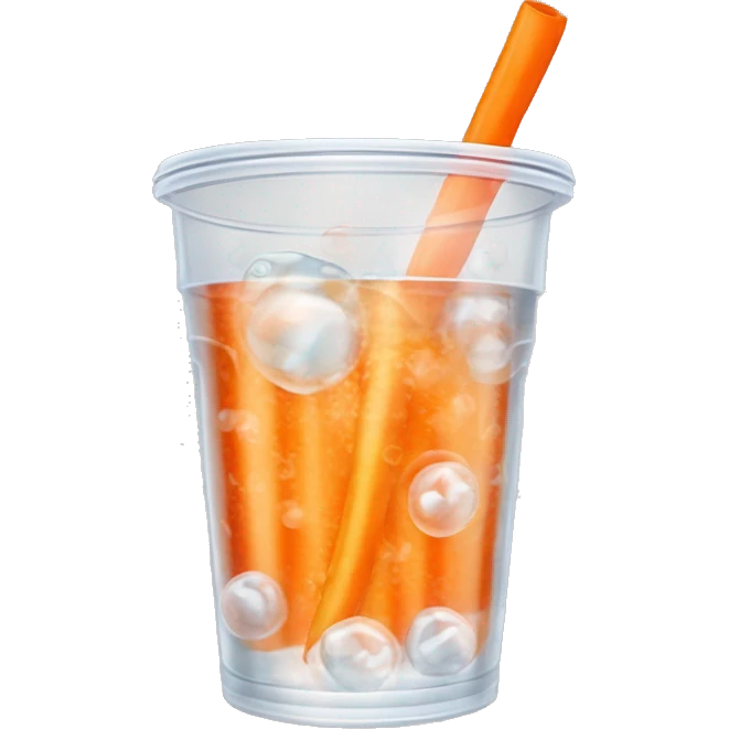Realistic clear plastic cup half full of Transluscent soda with carbonation bubbles, carrot shaped ice cubes inside the cup and orange curly straw through the top  emoji