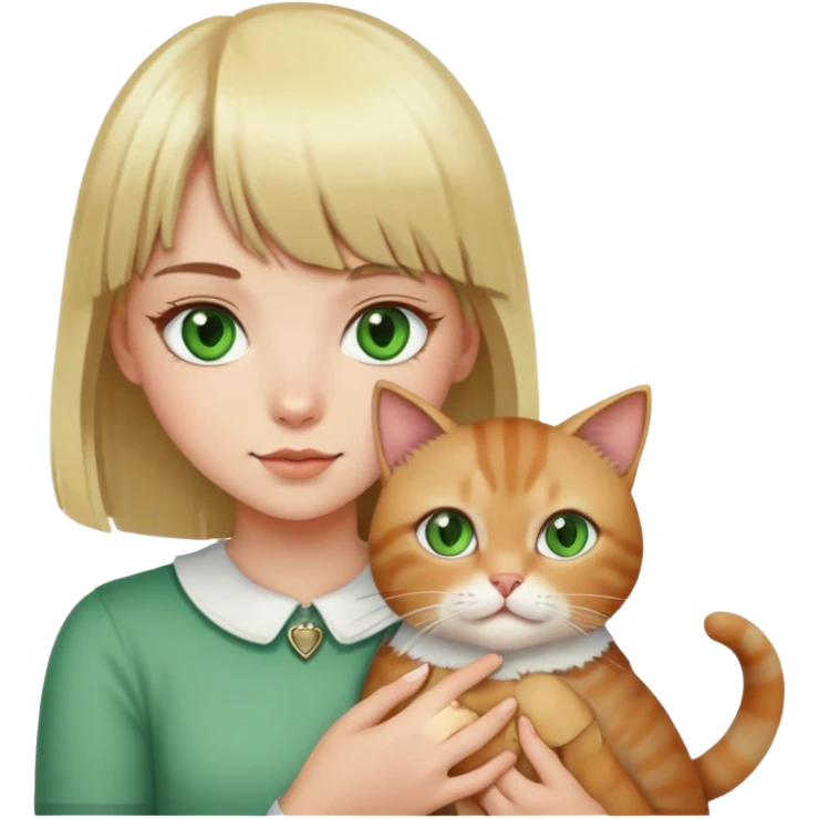 blonde girl with green eyes and bangs with her brown and white cat emoji