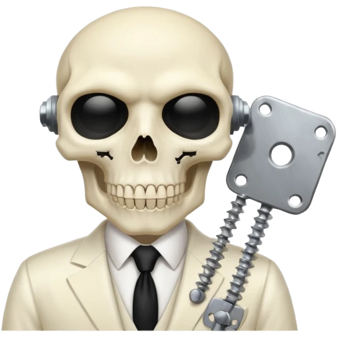 cinematic realistic - a politician in an ivory ethereal suit wears a white tie, has a skull instead of a head, and instead of glasses, has a metal plate with screws over his eyes emoji