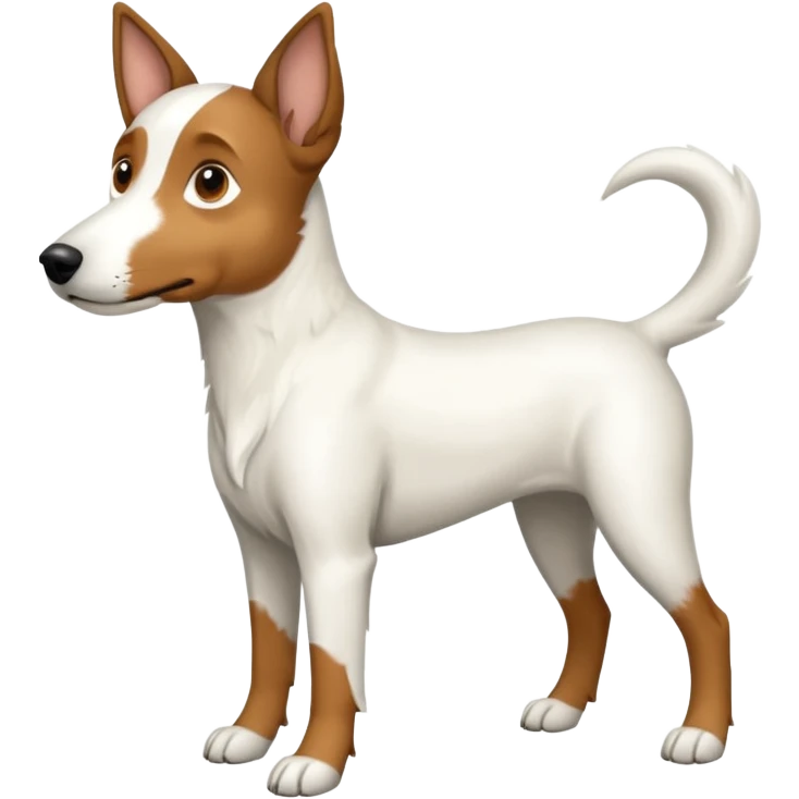 a full body large white floppy eared parson russell looking dog the size of a kelpie with light brown ears and a light brown patch on one eye and a large snout emoji