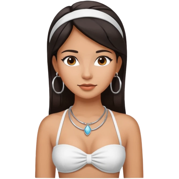 latina makeup olsun, saçları düz, halka küpeler büyük gümüş renginde olsun, kolye taksın ve beyaz bir Bandeau top kıyafet giyisin emoji