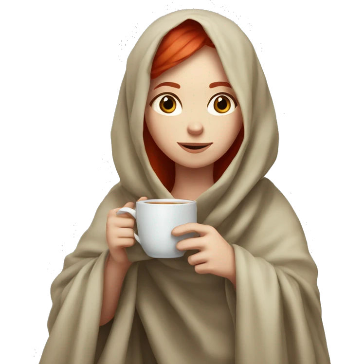 pale girl with red hair wrapped in a blanket and drinking tea emoji