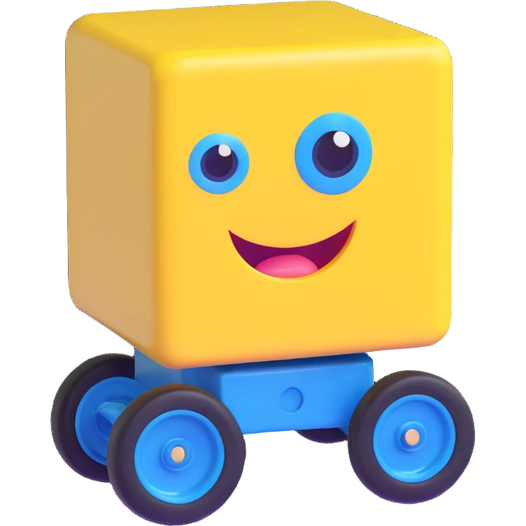 yellow cube with blue eyes, blue mouth, and blue wheel matching the eyes, 3D style emoji