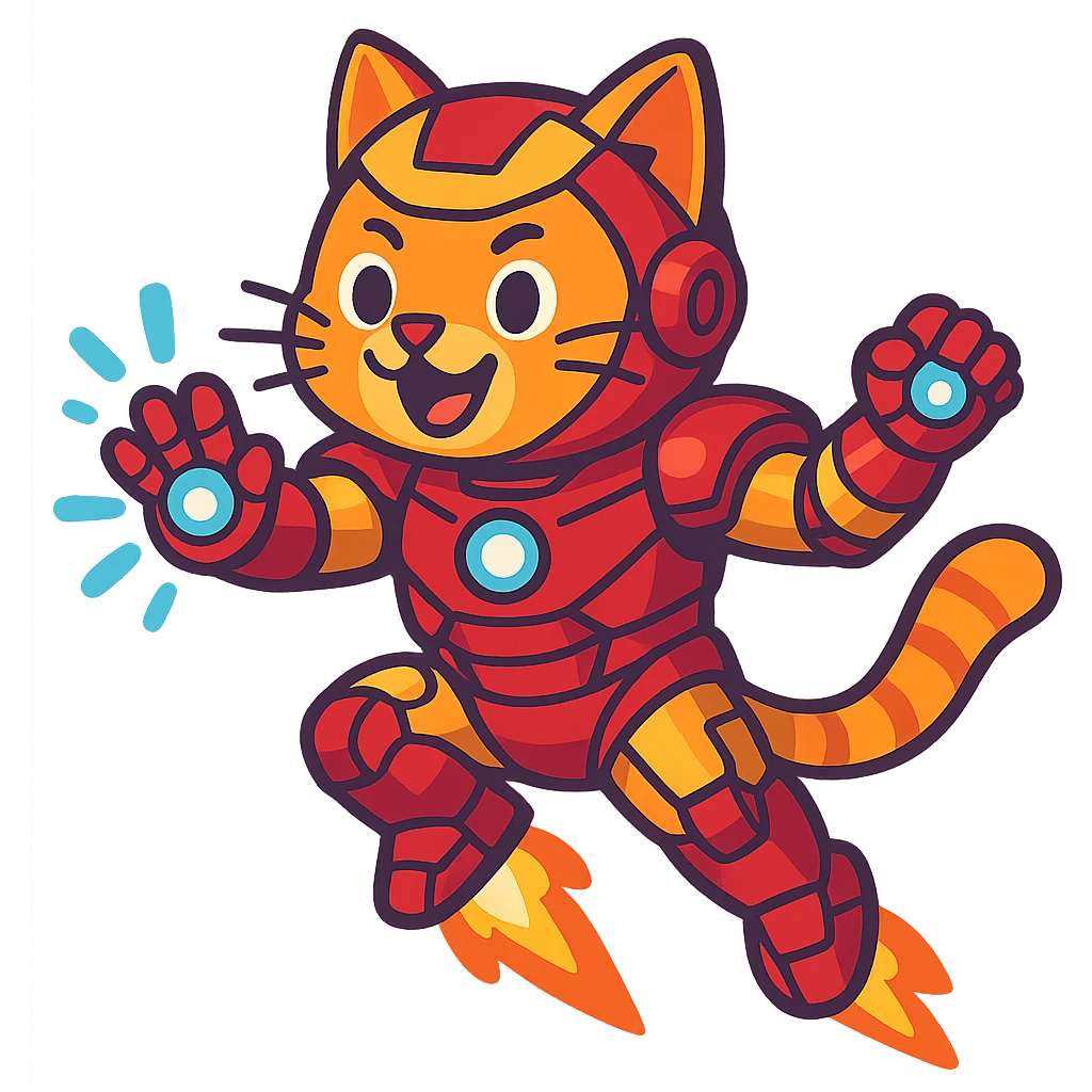 a cat dressed as Iron Man, in a fun and dynamic pose, detailed armor, vibrant colors emoji