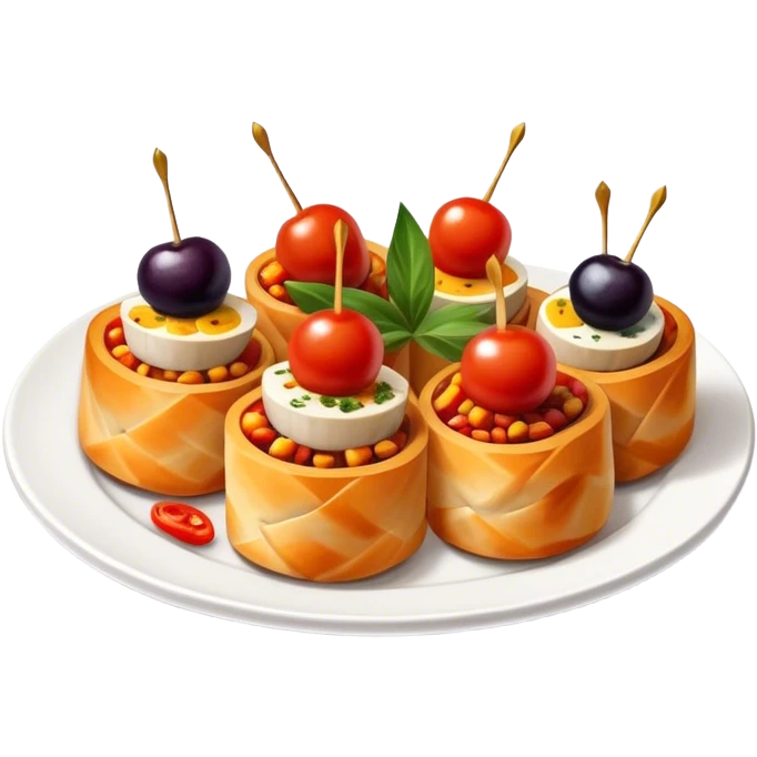 Tapas (4 Pintxos) Cinematic Realistic Tapas Dish Emoji, depicted as an assortment of 4 pintxos elegantly arranged on a plate, rendered with lifelike textures and vibrant, inviting lighting. emoji