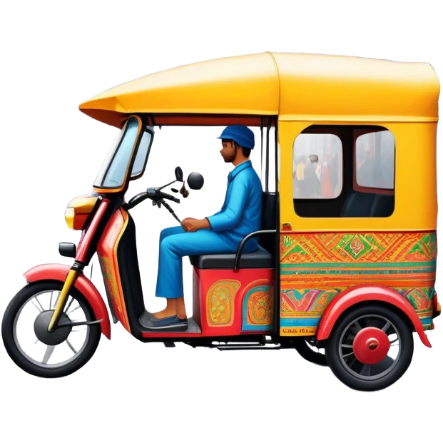 Cinematic Realistic image of a colorful auto rickshaw, rendered with detailed textures and lively, bold hues, set on a bustling urban street with dynamic, vibrant lighting that emphasizes its iconic role emoji