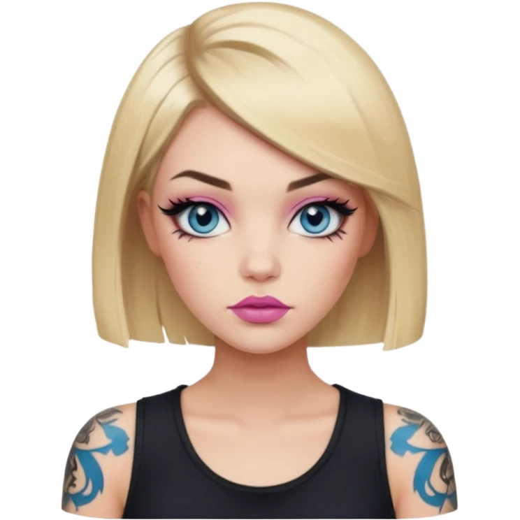 Edgy Woman, Blonde hair Medium blunt bob, blue eyes, makeup Smokey lid with doe lashes, pink lips, tattoo on arms, wearing black emoji