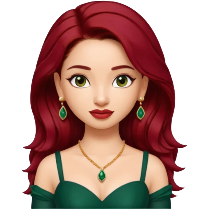 pretty bratz genmoji that looks like tamannah bhatia (bollywood actress), wearing a dark green sweetheart neckline top, dark red hair, light makeup, no necklace, dangly earrings, side hair part emoji