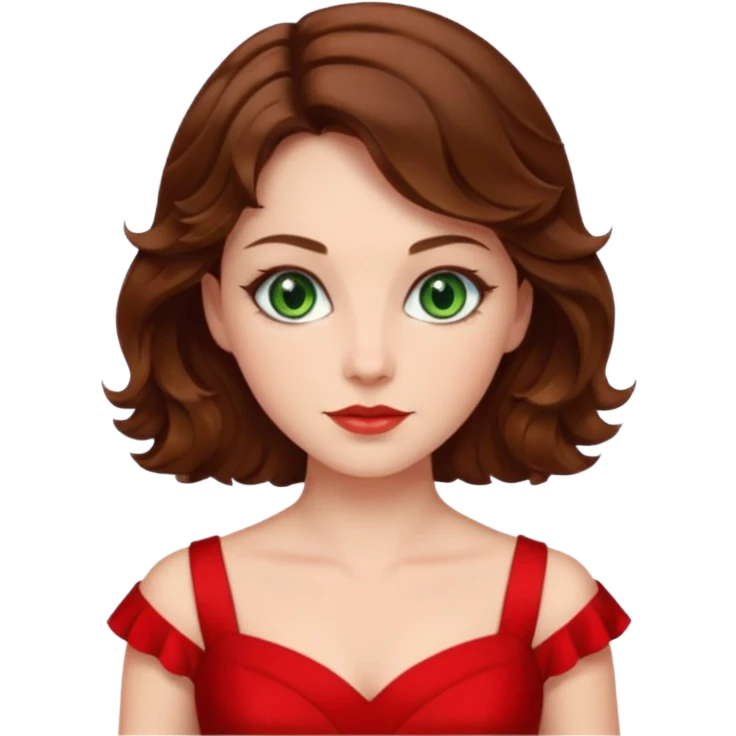 Green eyes,mi-short brown wavy hair,white skin tone,wearing red dress emoji