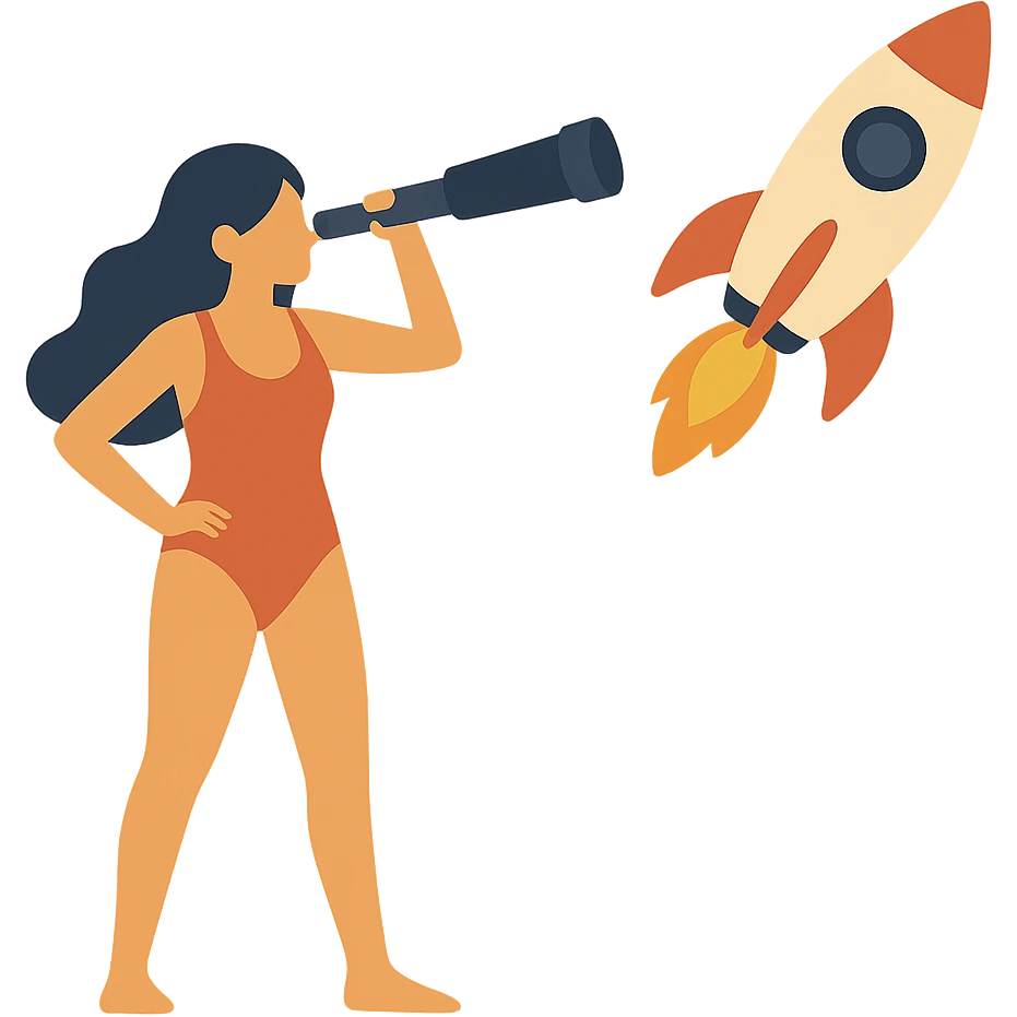 flat design style girl in a swimsuit with a telescope and a rocket emoji