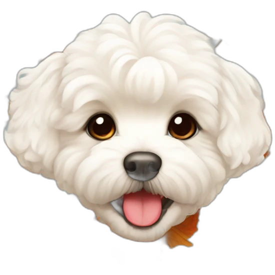 White maltipoo with autumn leaves in mouth emoji