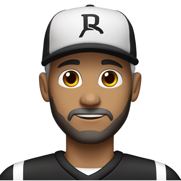 An adult pale male with stubble and a slightly gray beard, brown hair, black eyes, wearing a black Reebok cap with a round emblem on his head, and a black sweater with three white stripes on the sleeves underneath. emoji