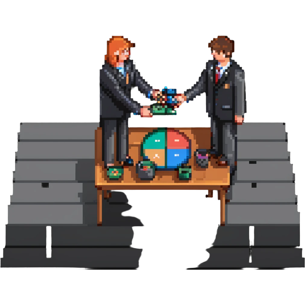 scene of two people shaking hands over a table with charts and coins emoji