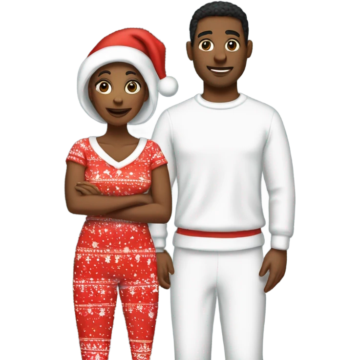 a couple in matching christmas pajamas black woman white man emoji