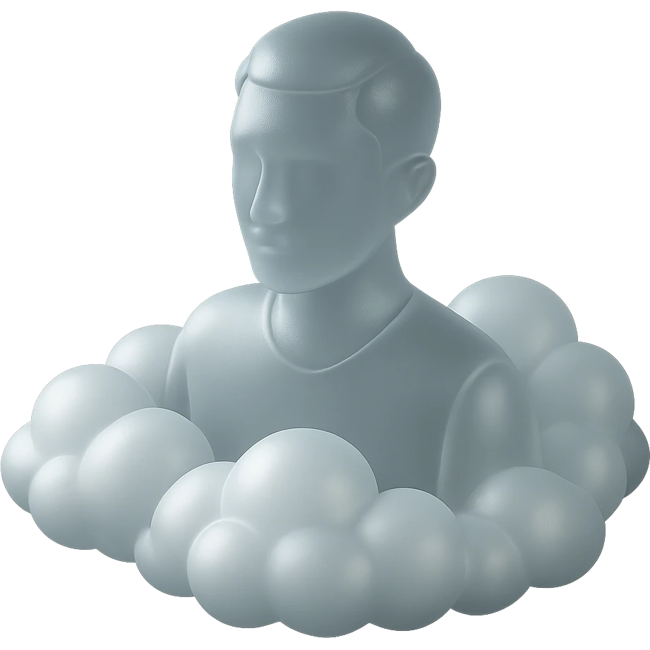 person looking straight ahead, shoulders immersed in fluffy, voluminous white clouds, clouds are 3D and white, matte glass style emoji