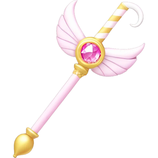 Sailor moon wand. Crescent moon with diamond in the crescent. Pink wand part with little diamonds and small white wing motifs emoji